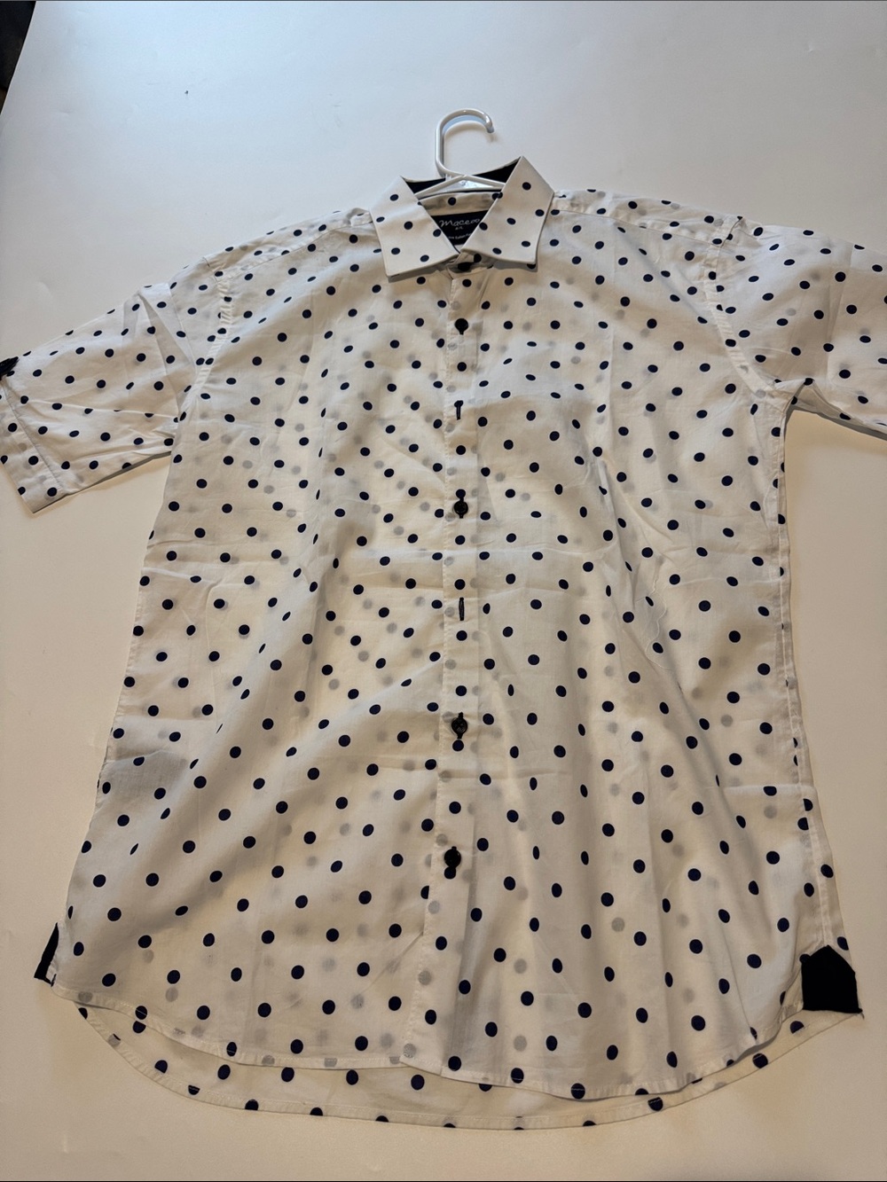 Men's White Short-Sleeve Button-Down Shirt with Navy Polka Dots